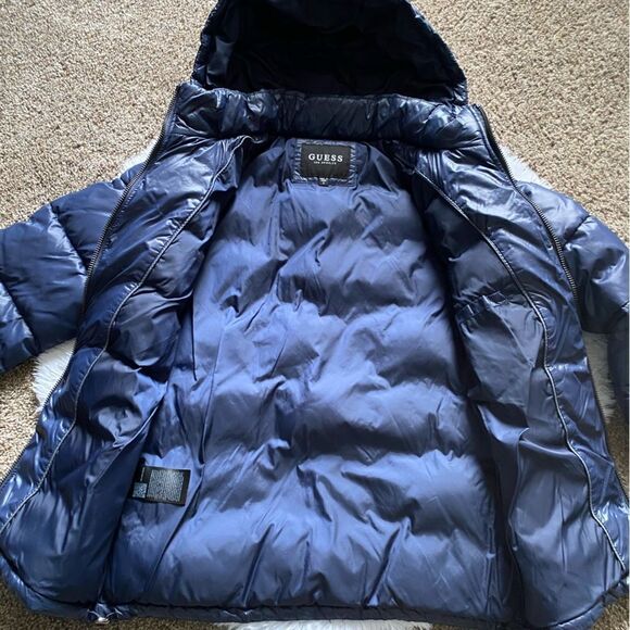 Guess Puffer Coat Bubble Puffy Jacket Blue Outdoor Detachable Hood Womens Small - Picture 5 of 14